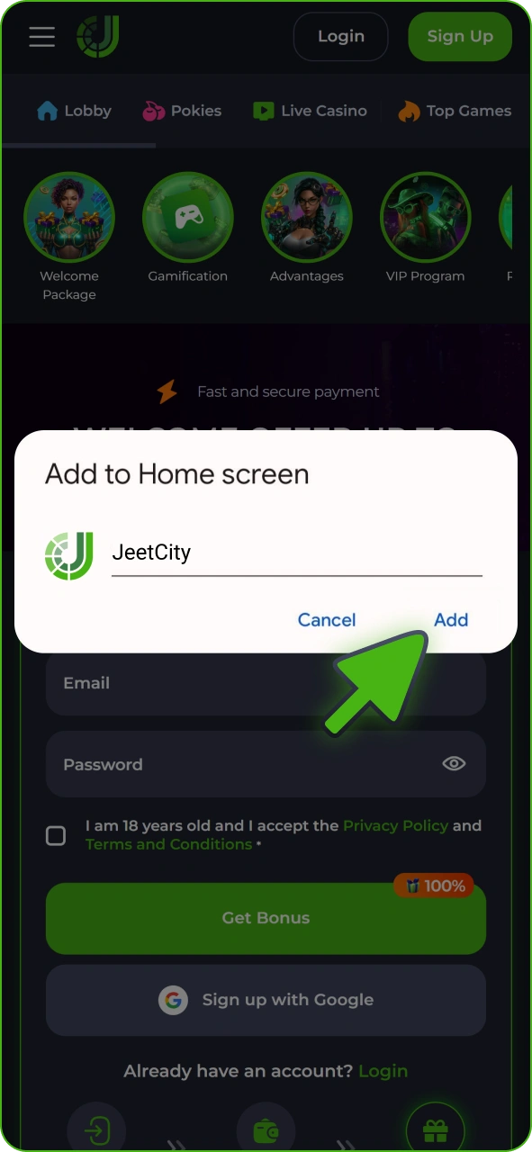 Confirm adding JeetCity app to your android home screen.