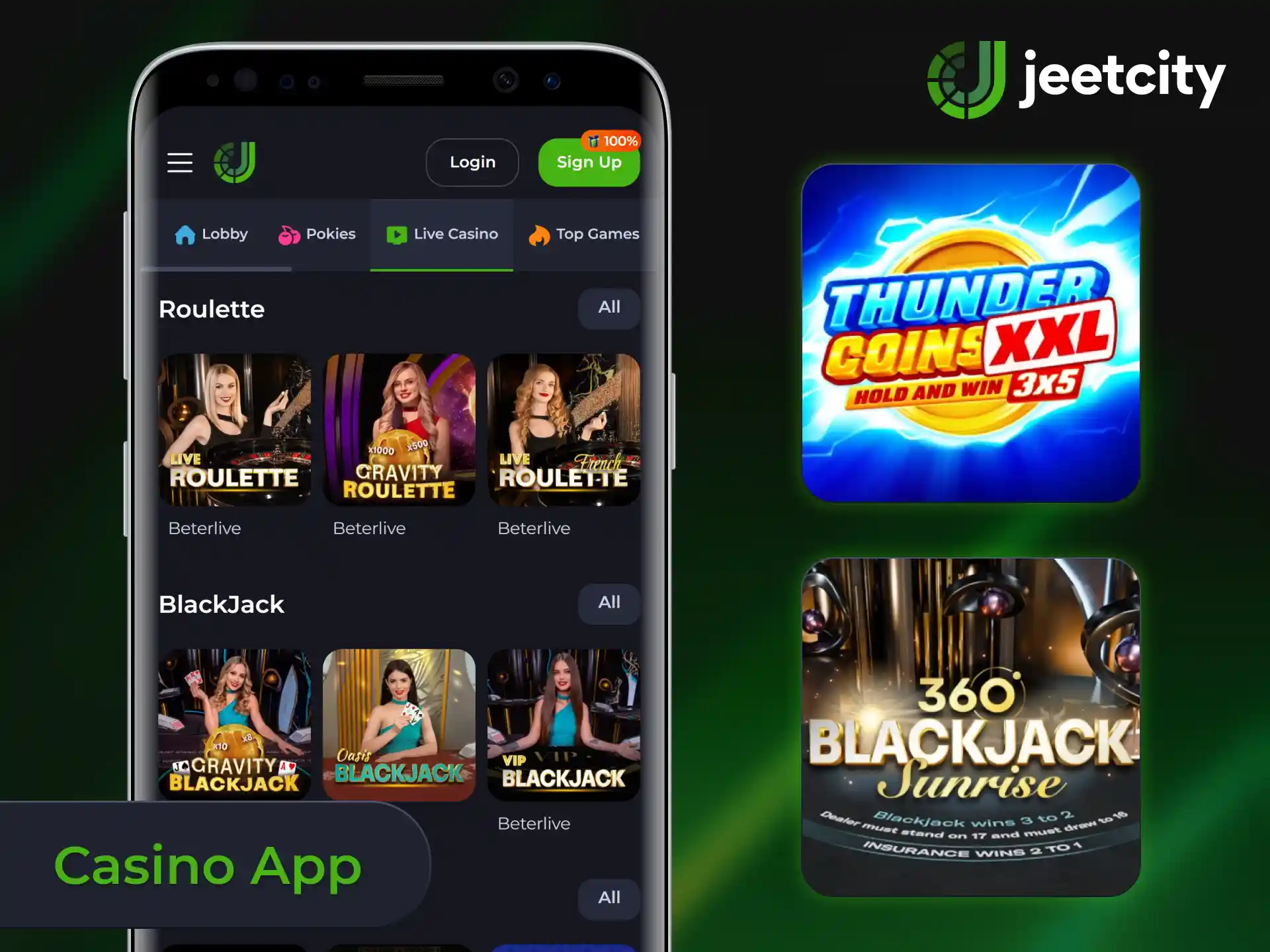 Play top games inside the JeetCity casino app anytime.