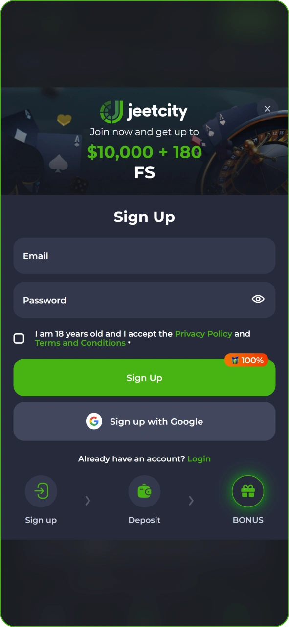 Create account in no time at JeetCity app.