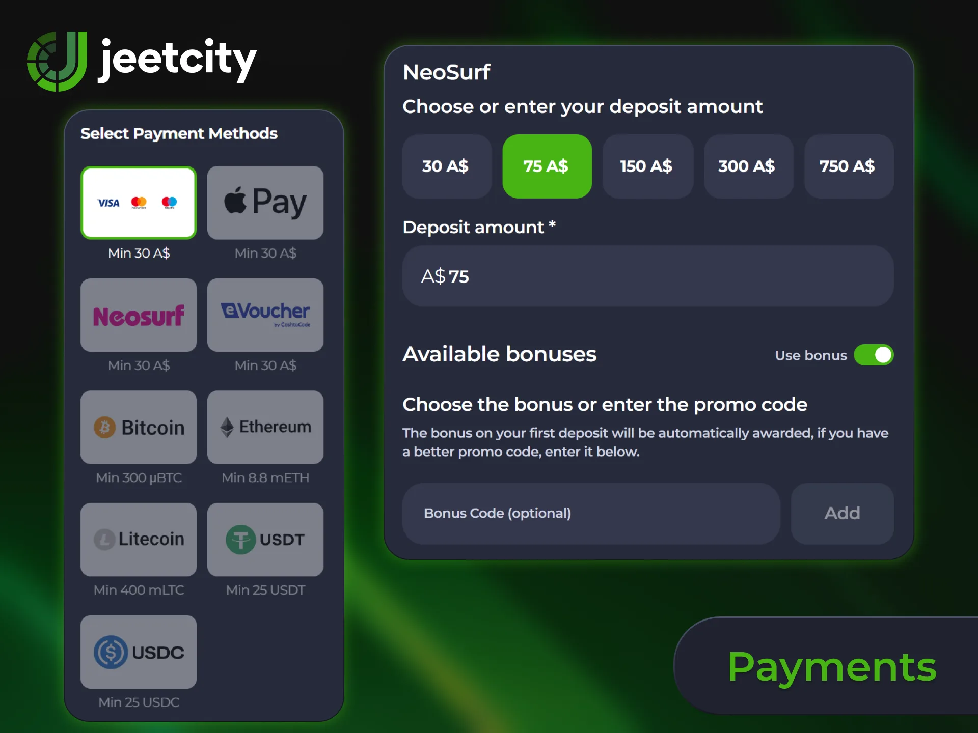 Make fast payments in the JeetCity app using trusted methods.