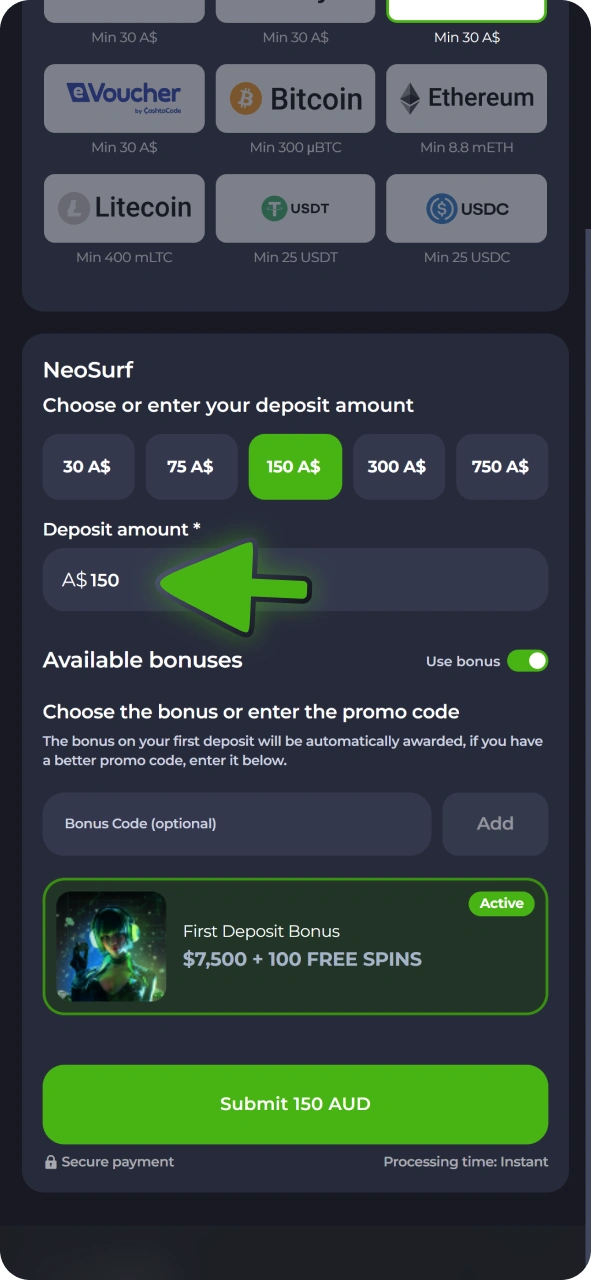 Type in amount of money you want to deposit at your JeetCity account.