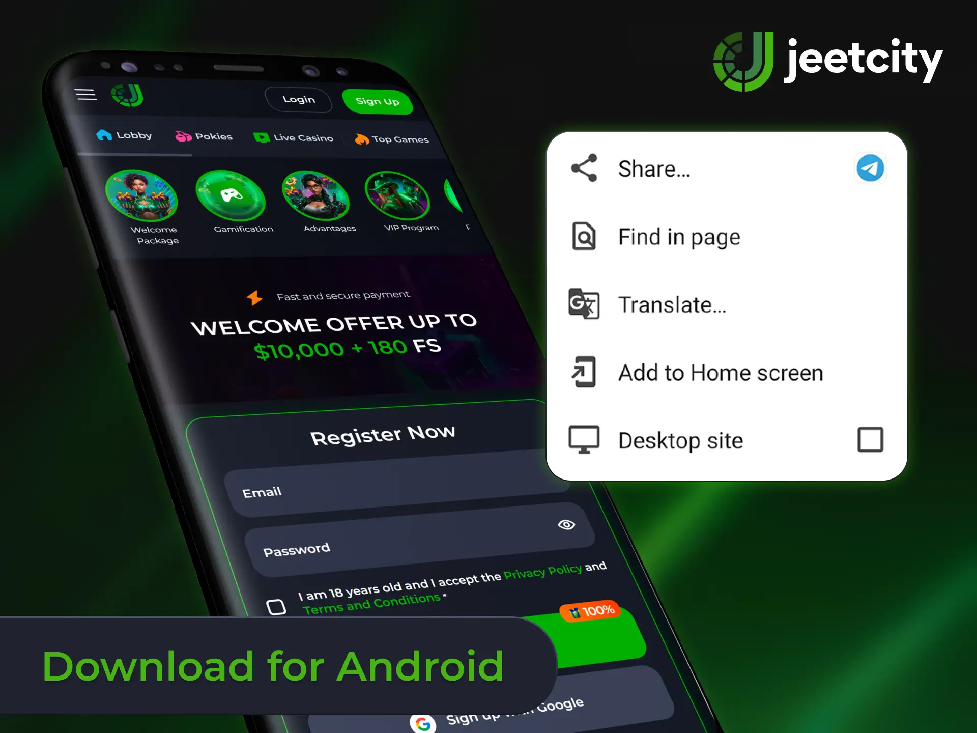 Get the Android app file to bet on the move at JeetCity.