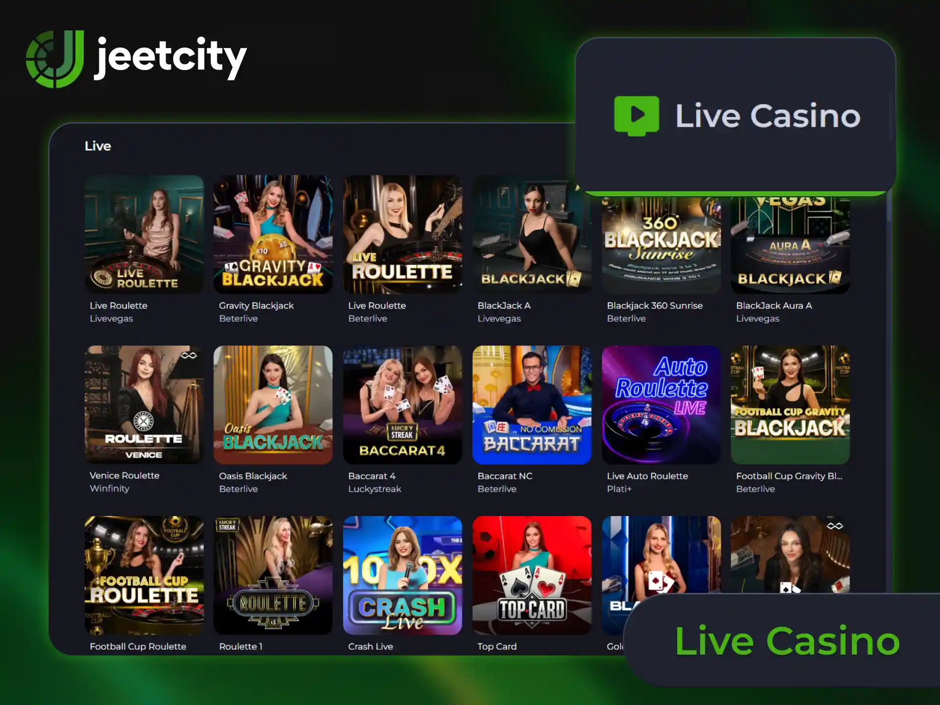 Join real dealers for real-time live casino tables at JeetCity.