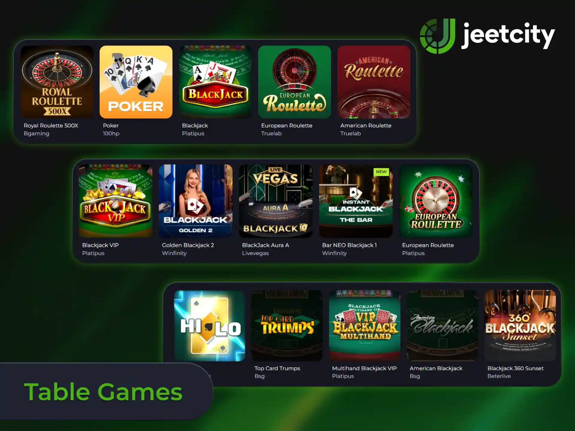 Test your skills on classic table games for big payouts at JeetCity.
