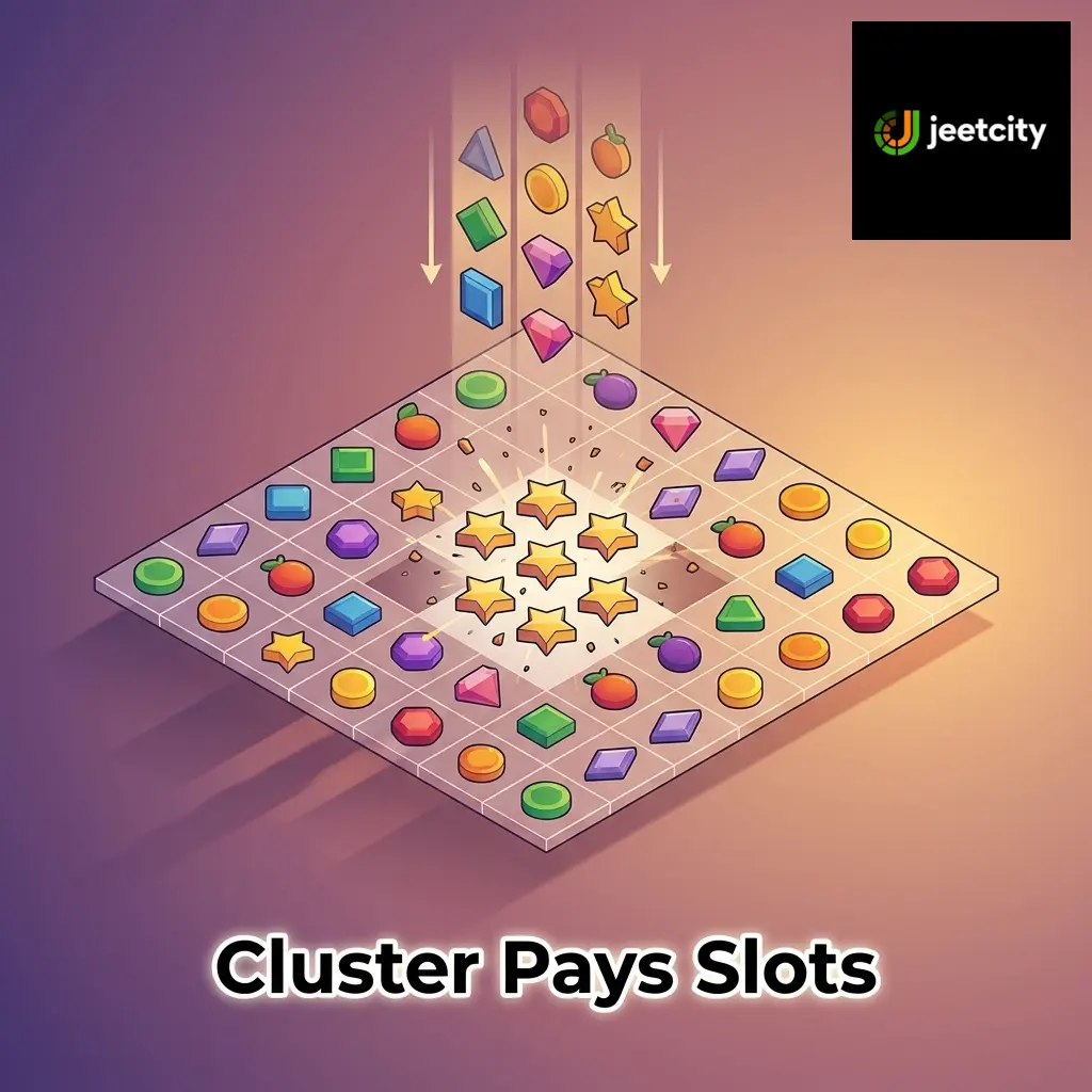 Cluster pays slots grid showing matching symbol groups connecting for wins in popular titles like Sweet Bonanza and Reactoonz