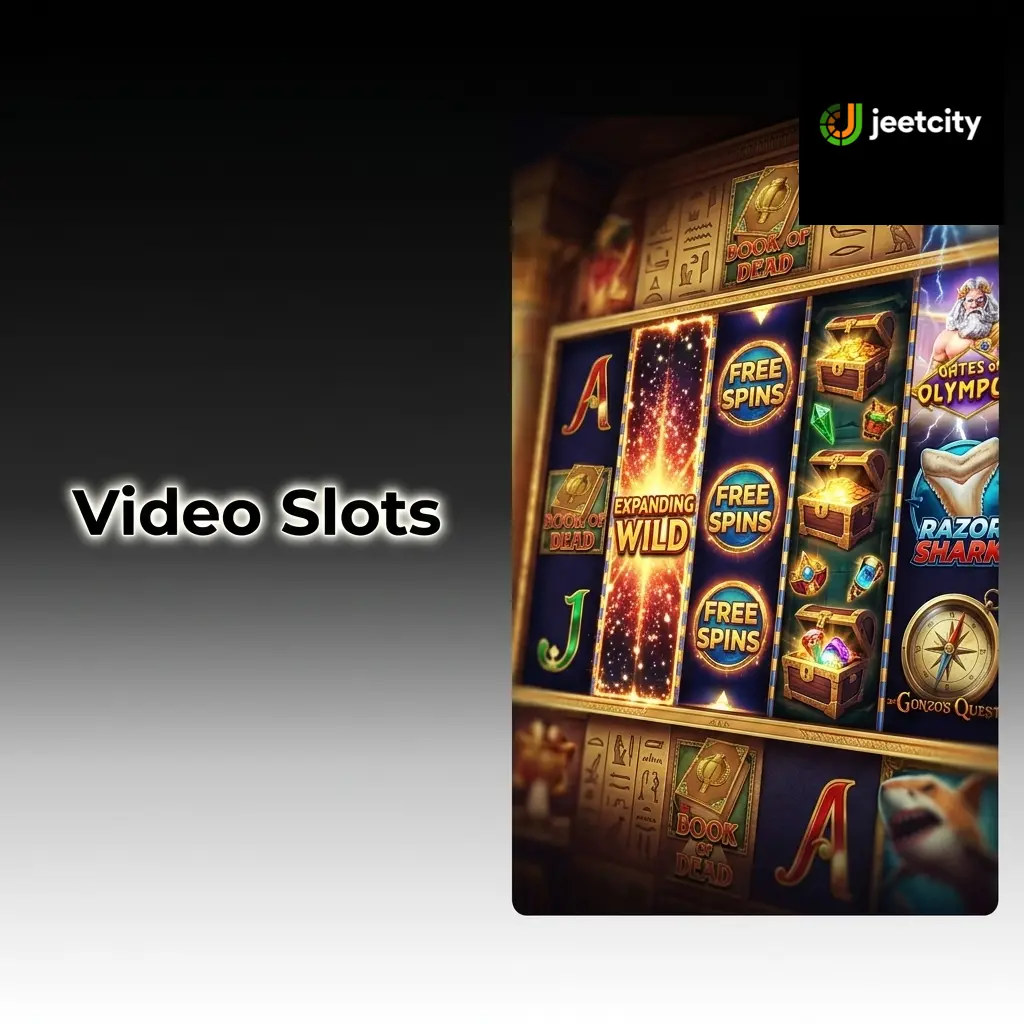 Video slots at JeetCity featuring 5 or 6 reel grids with bonus rounds, free spins, and expanding wilds from top providers