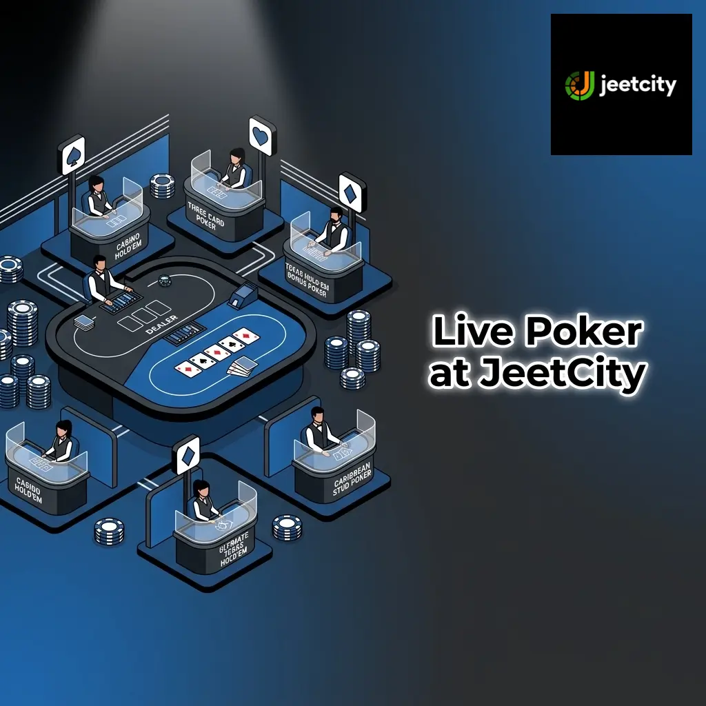 Live poker tables at JeetCity featuring Casino Hold'em and Three Card Poker hosted by certified dealers in studio environments