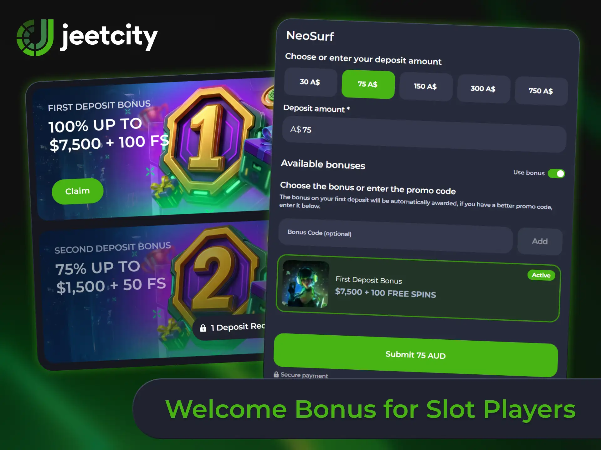 Claim a massive welcome bonus to play online slots at JeetCity.