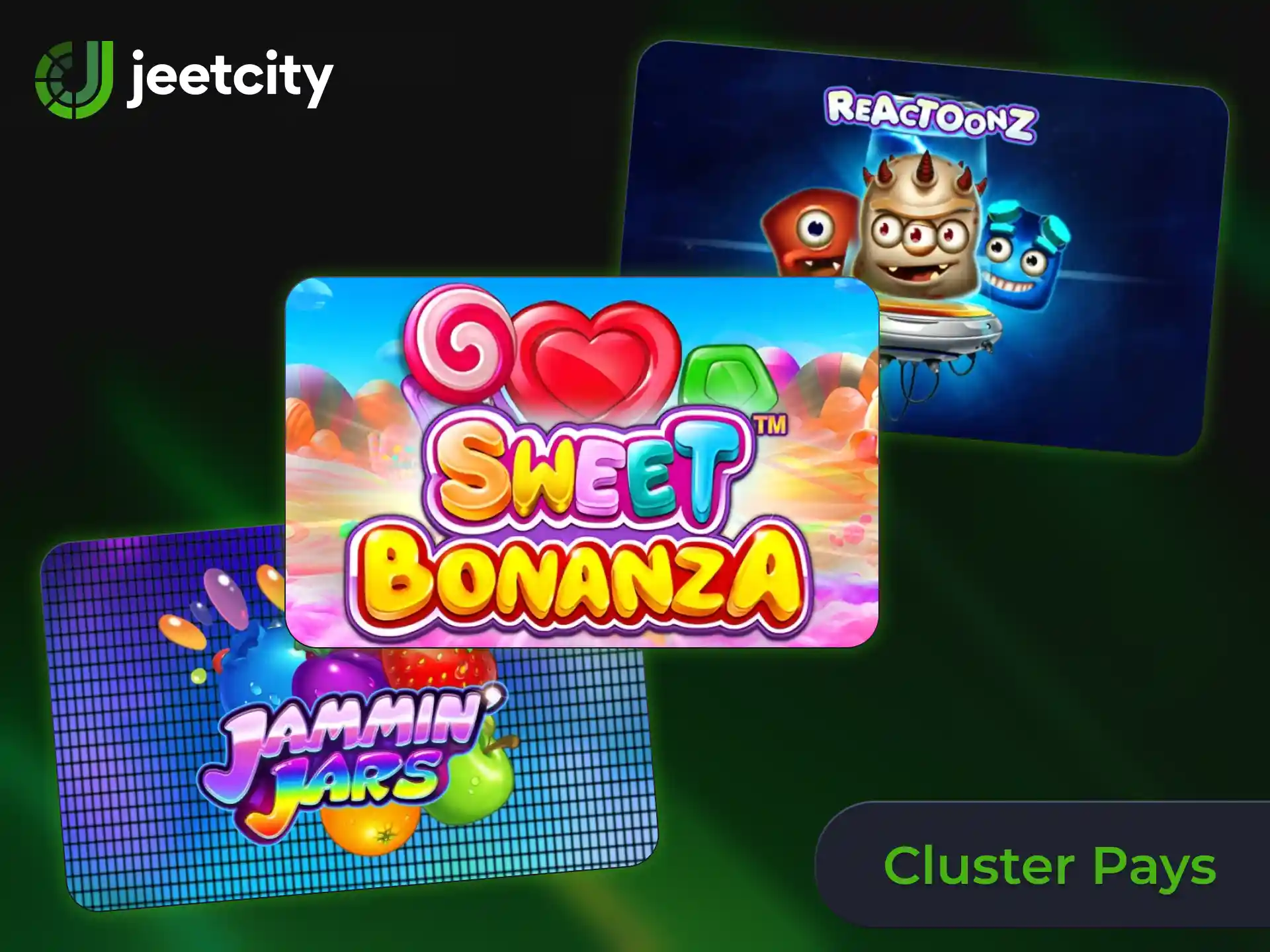 Win with connected symbols in colorful cluster pays slot games at JeetCity.