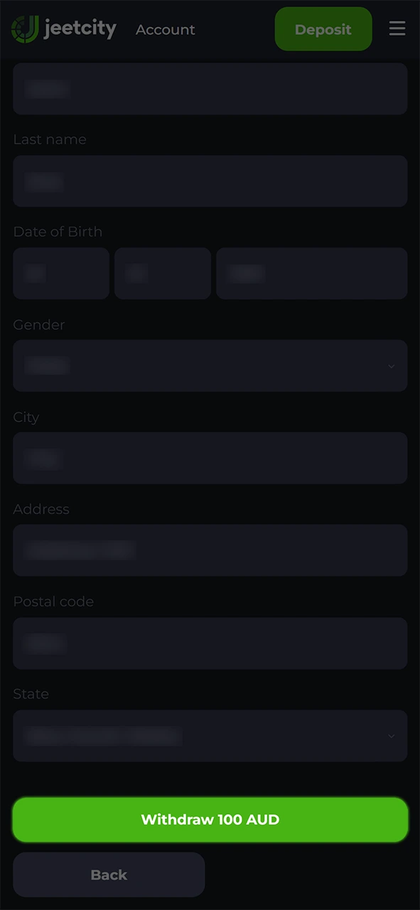 Finalize the transaction to complete your JeetCity withdrawal securely.