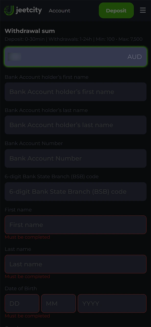 Specify the desired payout sum during the JeetCity withdrawal procedure.