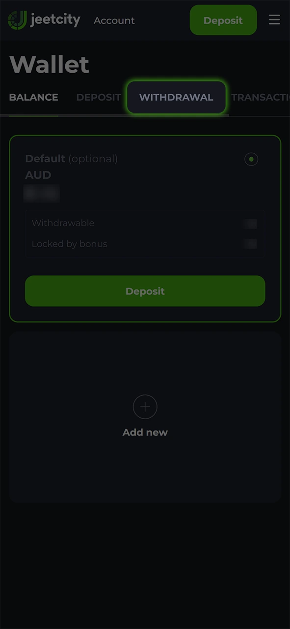 Navigate to the cashier section for your JeetCity withdrawal request.